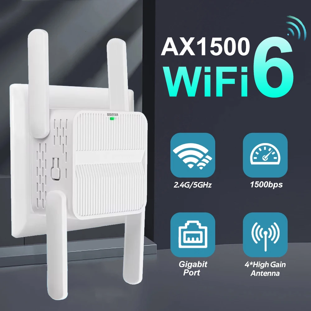 

AX1500 WiFi 6 Repeater Booster Dual Band 2.4G 5GHz 802.11AX Wireless Wi Fi Extender 4*2dbi Antenna Network Amplifier WPS Router