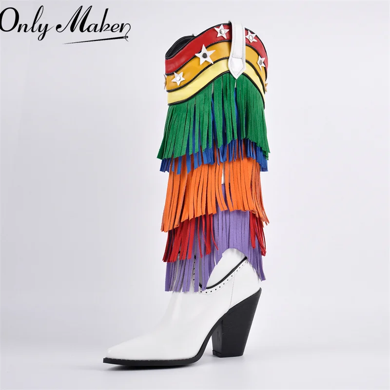 

Onlymaker Women Pointed Toe Fringe Rainbow Pull-On Cowboy Boots Knee High Cowgirl Boots