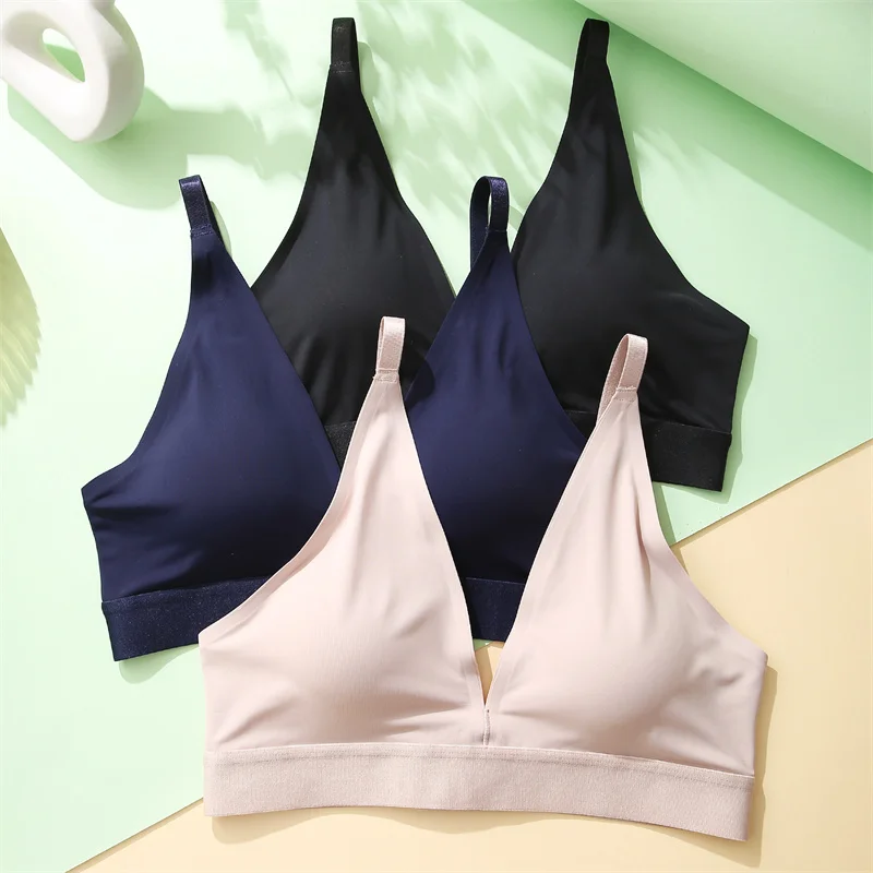 Women Deep V Sexy Bras Solid Color Underwear Push Up Brassiere Wireless Intimates Bralette Female Adjustable Breathable Lingerie