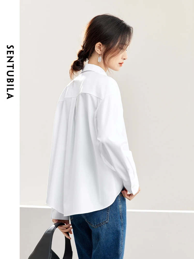 SENTUBILA Polo Collar Button Up Women\'s Shirt 2024 Spring Loose Irregular Hem Blouse Long Sleeve Shirts & Blouses 141C53299