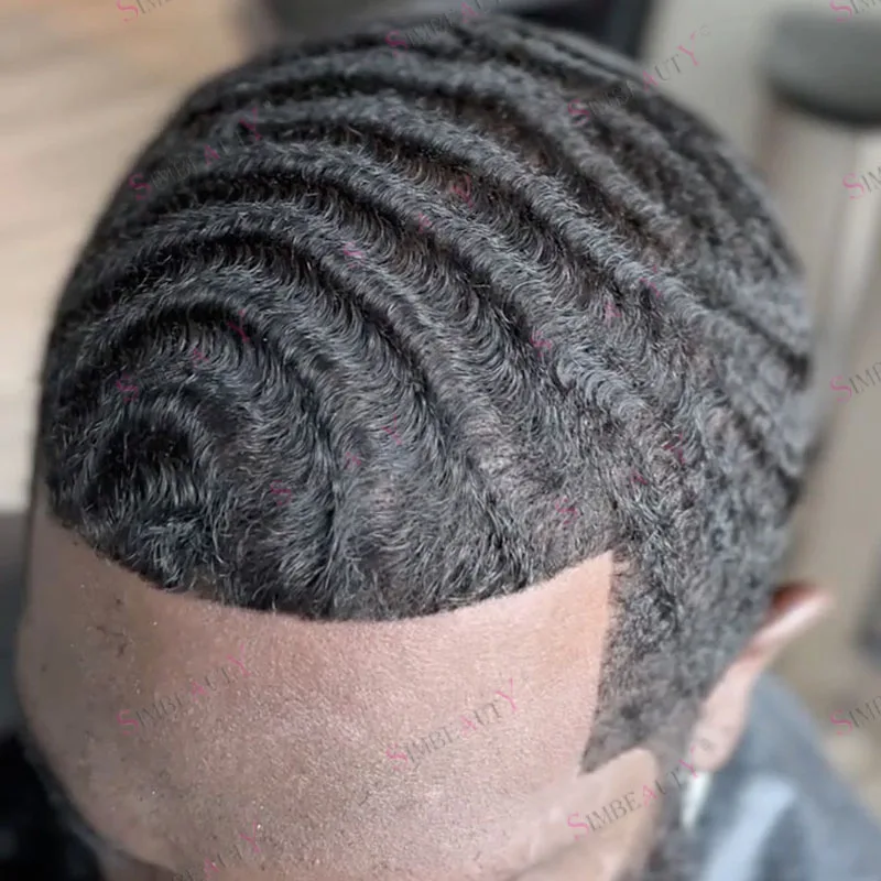 Cheapest Injected Full Pu Base Men Human Hair 15mm Deep Wave Natural Hairline Toupee Super Durable AfroBlack Man Hair Prosthesis