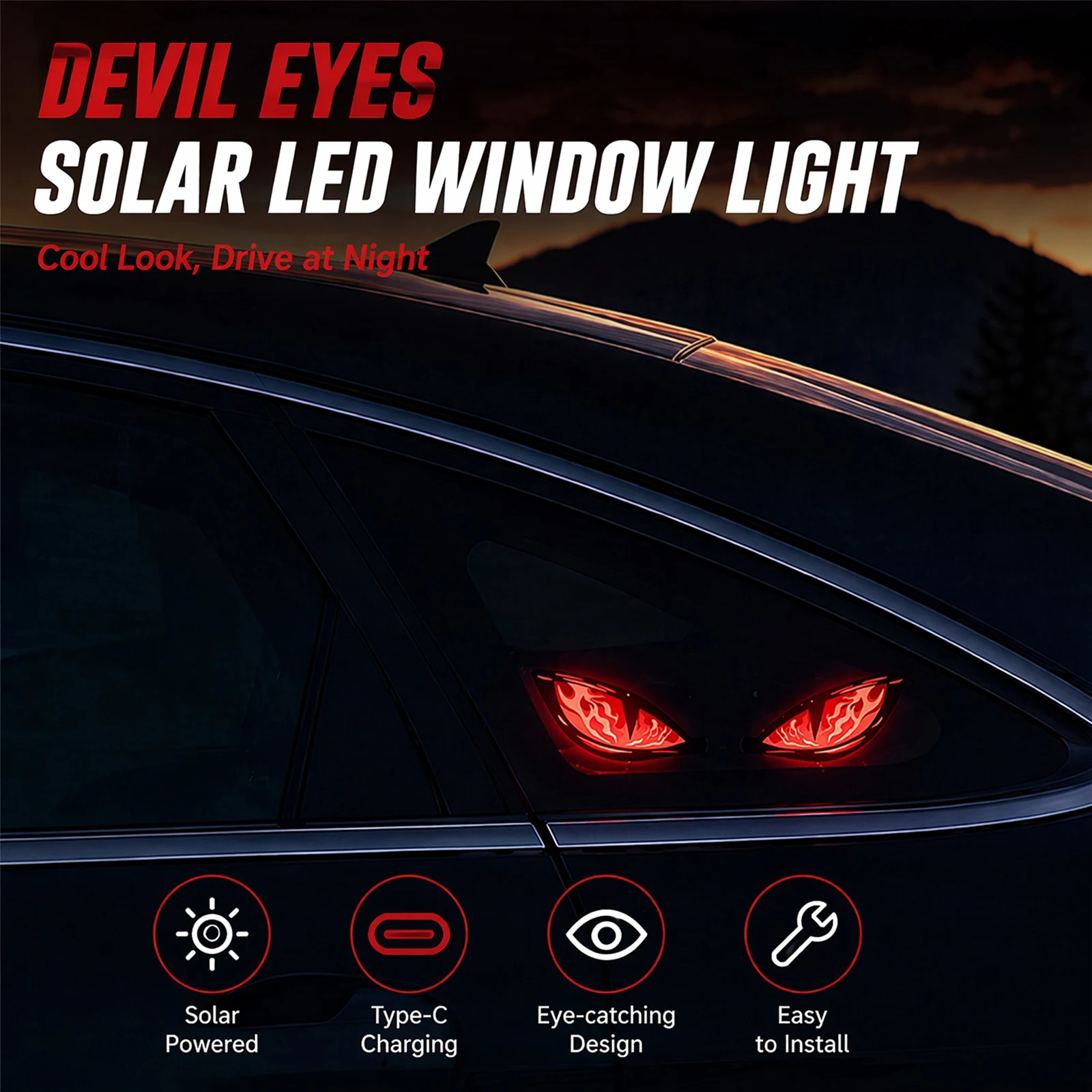 Demon Eye LED Car Triangle Window Light Solar Powered Type-C Charging RGB Breathing Wireless Lamp