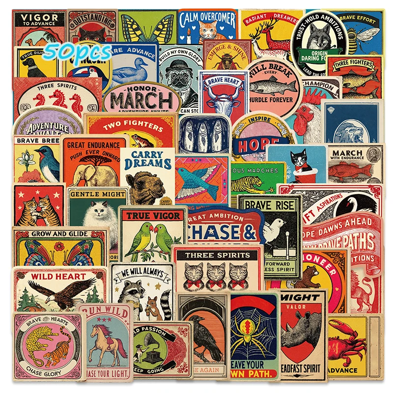 50 retro inspirational animal poster stickers, featuring vintage-style old signage with motivational slogans. These water-resist