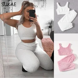 Winter New Fluffy Velvet Pajamas Set for Women Casual Sleepwear Tank Top and Bottoms Leisure Homsuit Teddy 2 Pieces Loungewear