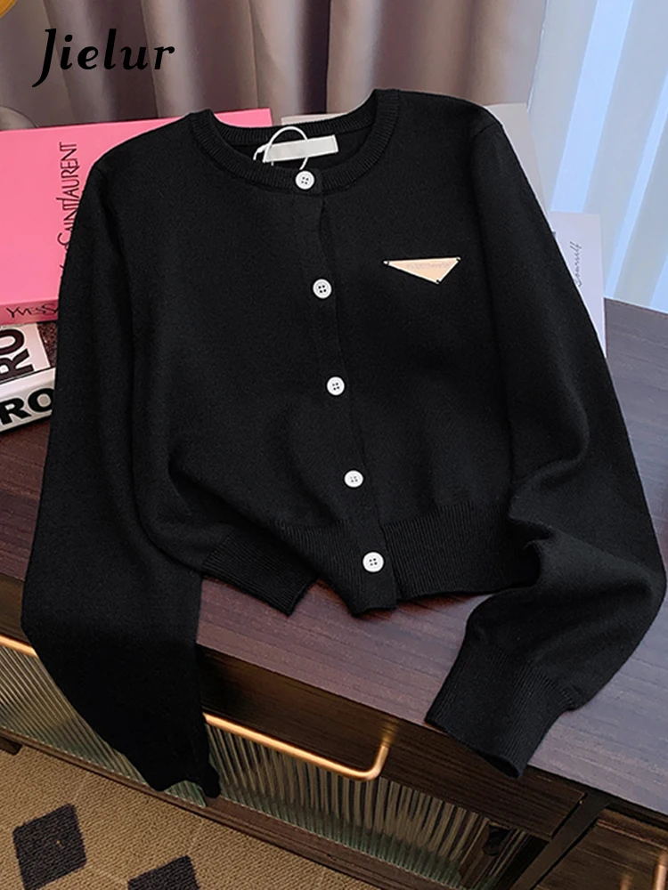 Jielur Black Knitting Loose Sexy Women's Cardigan Office Lady O-neck Single Breasted Chic Solid Color Casual Female Streetwear