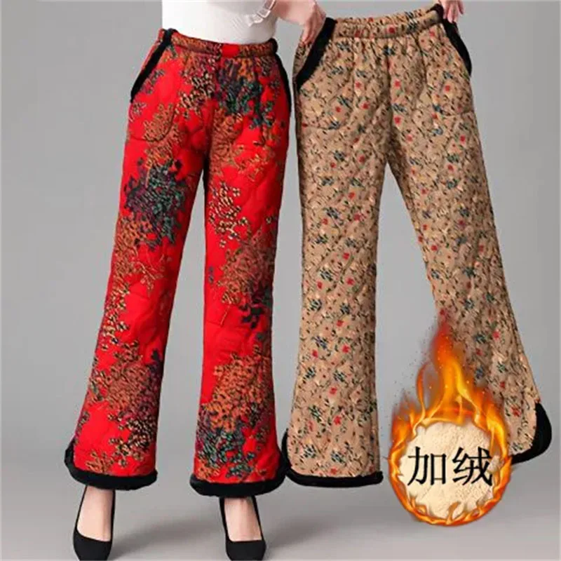 

Middle-Aged Elderly Trousers Women Plus Velvet Padded Printed Pants Mother Bell Bottoms Warm Pants Casual Pants Plus Size Loose