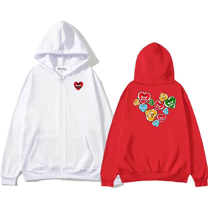 Little Love Printing Men Women Zipper Hoodie Cool Cute Snag Heart Embroidery Polyester Pocket Loose Thin Autumn Sweater