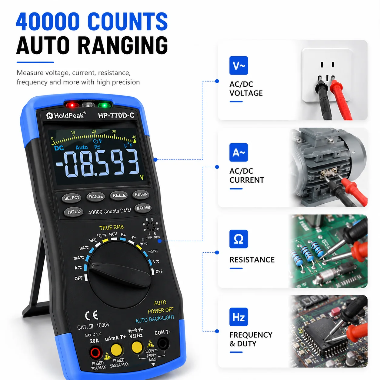 HP-770D-C LCD Digital Multimeter - True RMS Auto Range for AC/DC Voltage, Ohm, Amp & Capacitor (40,000 Counts)