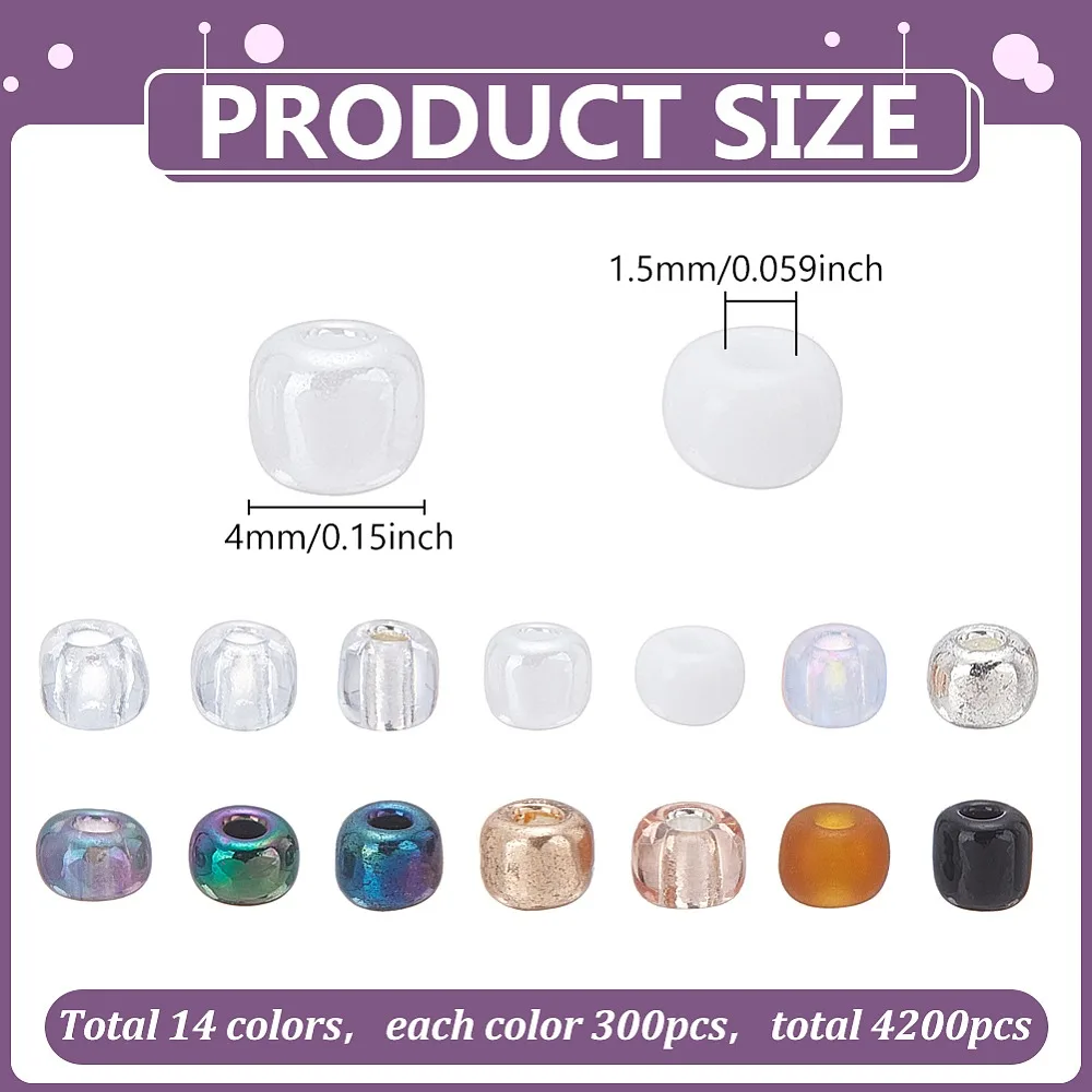 

4200Pcs 14 Colors Glass Seed Beads Colours Rainbow Mixed Color 4mm Hole: 1~1.5mm 300pcs/color