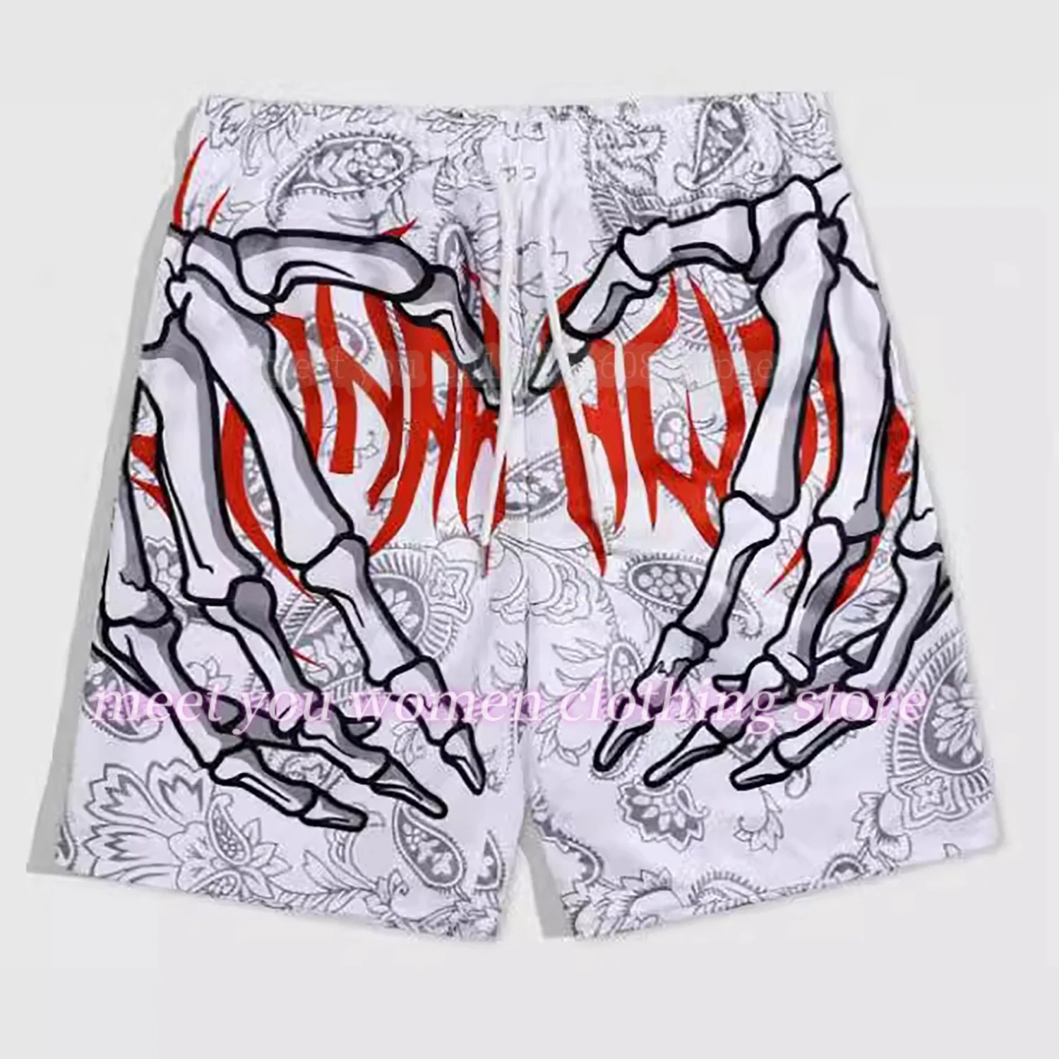 Women Summer Classic Skull Beach Short Pants New Fashion Skeleton Hand Print Men Women Gym Shorts Quick Drying Trunks  Shorts
