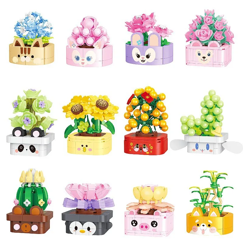 

12Pcs Creative Flower Potted Sunflower Cactus Desktop Decorative Decorations Micro Building Blocks Bricks Toys Gifts