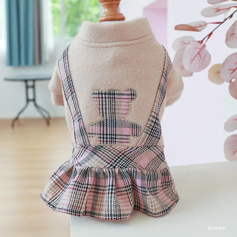 1PC Pet Clothes Cat Autumn/Winter Thick Bear Hug Pink Plaid Princess Dress Suitable for Small and Medium Dogs