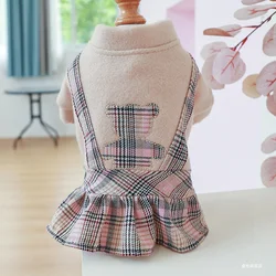 1PC Pet Clothes Cat Autumn/Winter Thick Bear Hug Pink Plaid Princess Dress Suitable for Small and Medium Dogs