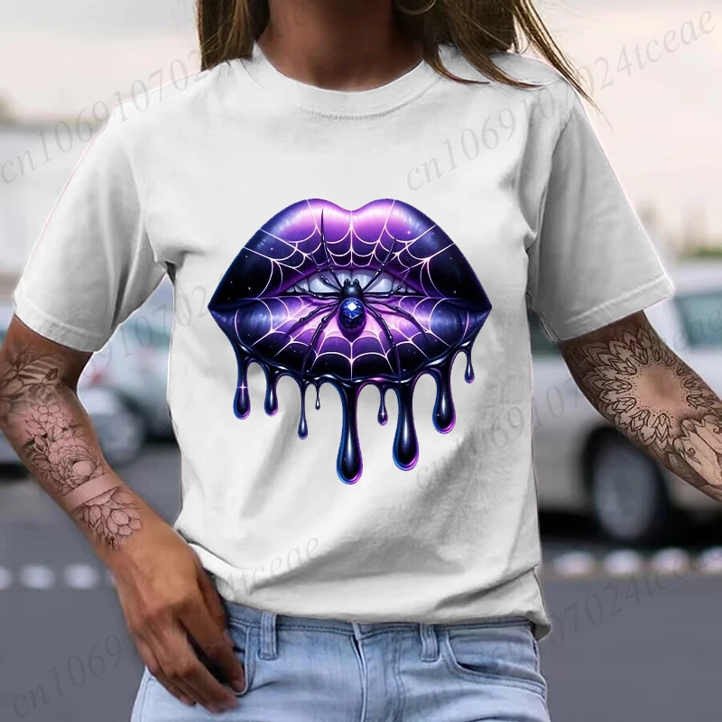 

New Men Women T Shirt Pullover Oversize Tops Spider Lips Printed Halloween T-Shirt Casual Short Sleeve Spooky Season T-Shirt