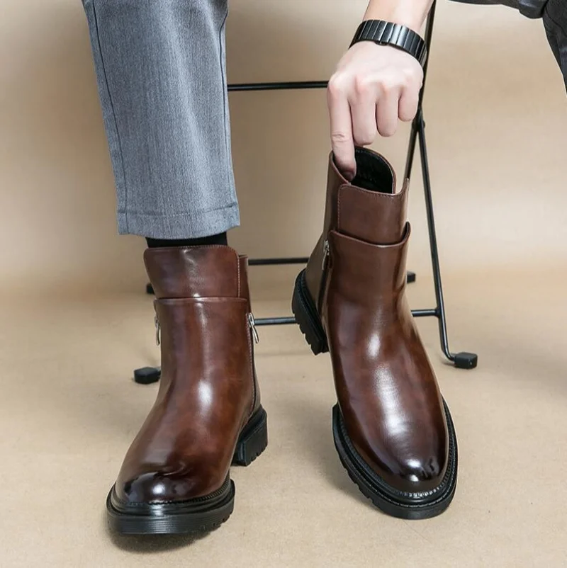 2026 Men's Autumn High-Top Leather Shoes Men's Height-Increasing British Chelsea Boots Short Boots Business Casual Men's Boots