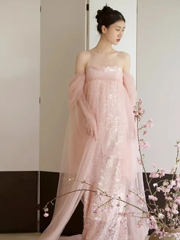 New Chinese Light Wedding Dress Pink Tube Top Off Shoulder Sequined Bridal Morning Gown Evening Dress