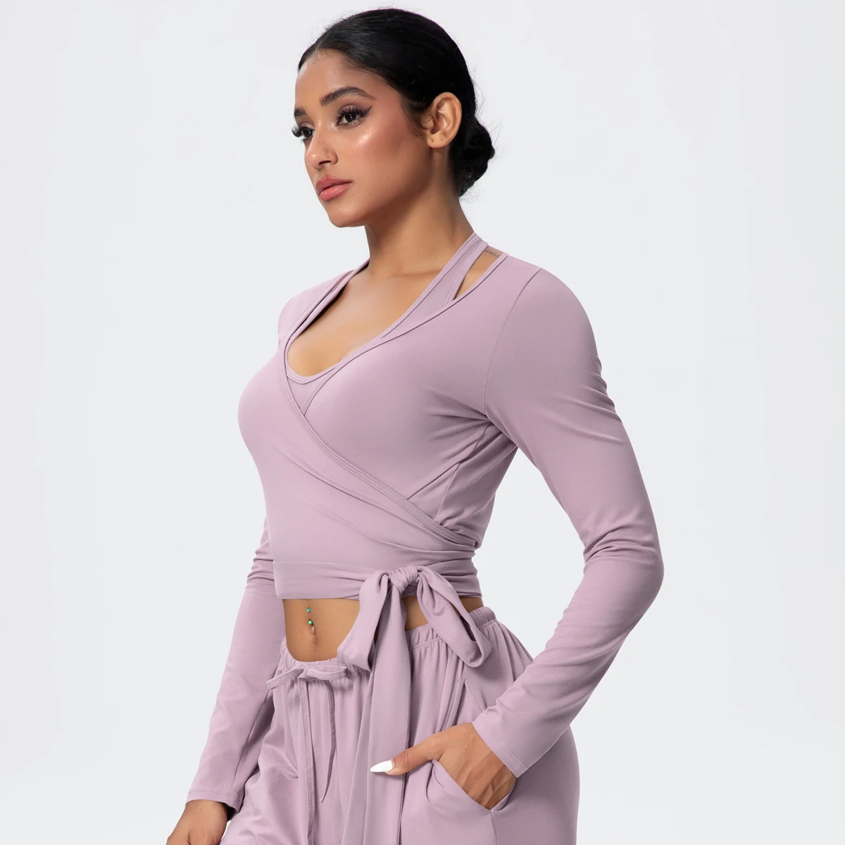 1PC Solid Color Workout Top Yoga Long Sleeves Women Quick Drying Breathable Sports Top Personalize Straps Design Yoga Clothing