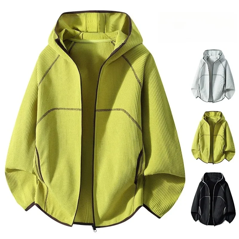 Unisex Textured Hooded Zip-Up Jacket – Lightweight Windproof Contrast Stitching Outdoor Commuter Hoodie