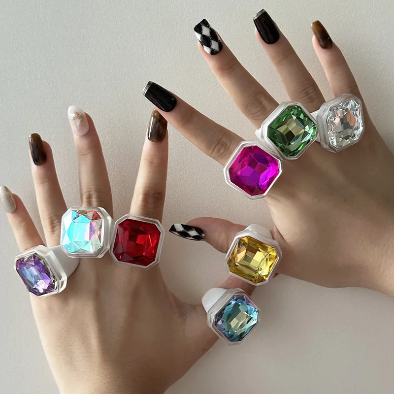 Luxury Sparkling Crystal Inlaid Octagonal Square Resin Ring DIY Light Punk Style Versatile Jewelry Accessory for Girls