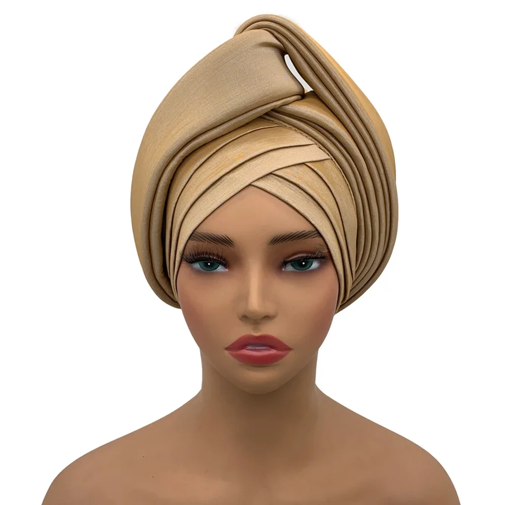 Nigeria Raw Silk Autogele Headtie Wedding Party Headwear Turbante African Lady Head Wraps Knoted Turban Cap for Women