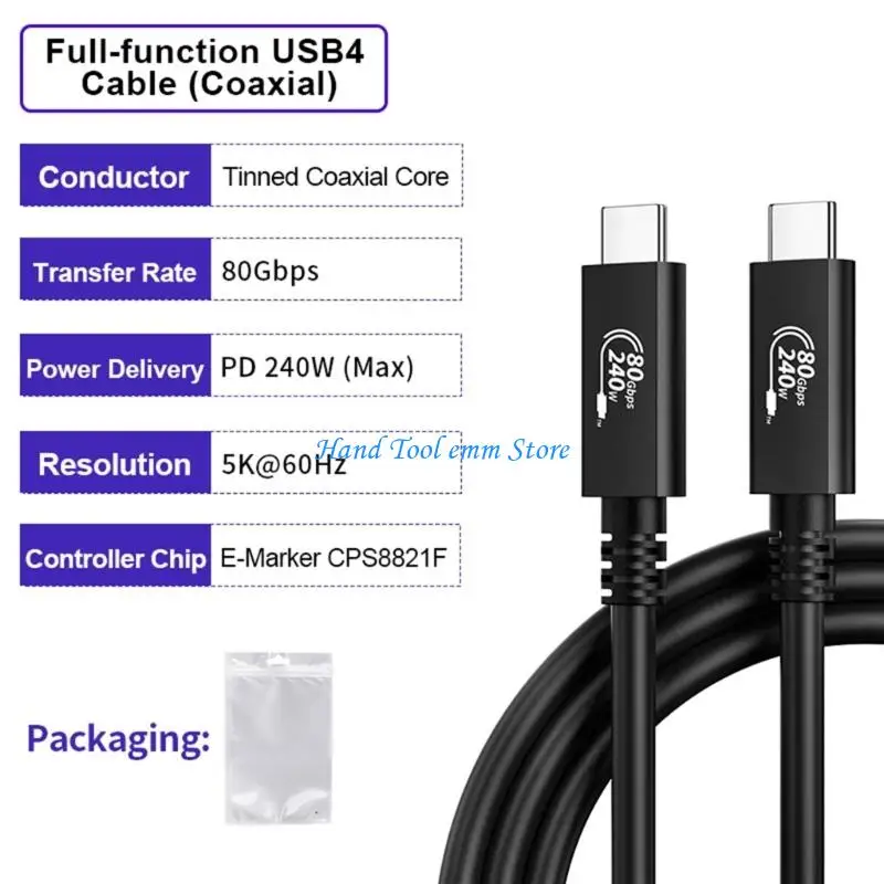 H37F USB4 Data Cable 80Gbps USB C to USB C Cord 240W Fast Charging Cable for Notebook 5K Video Large File Transfer Use