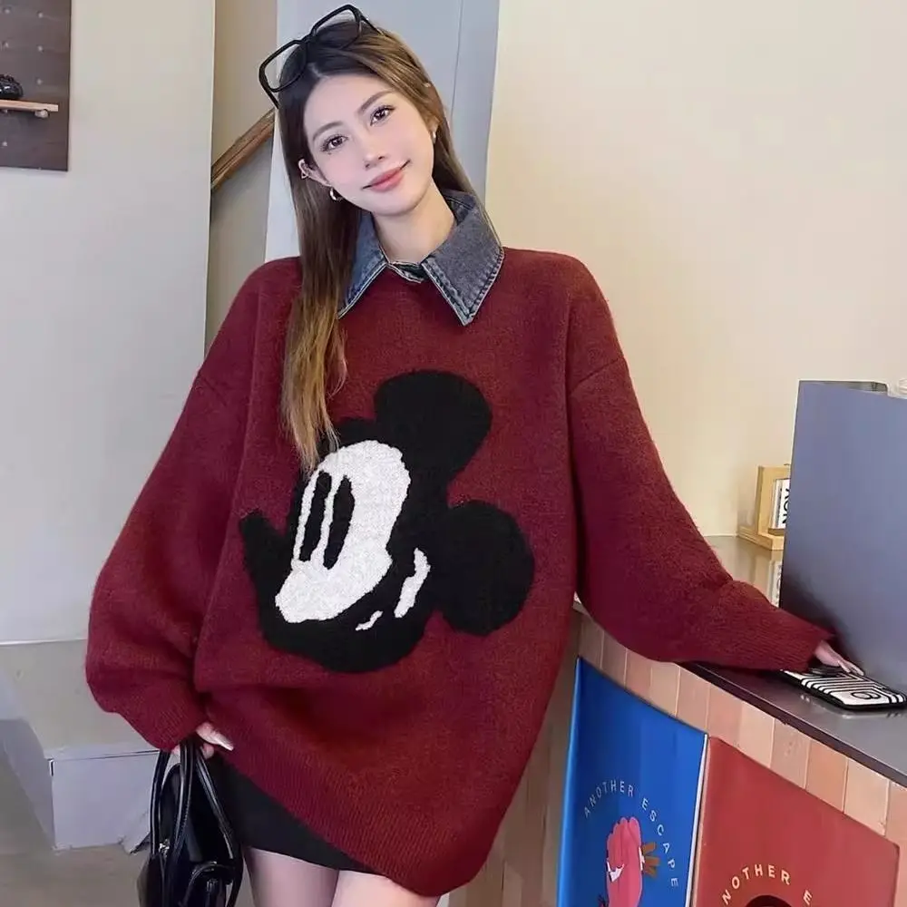 Cartoon Jacquard Cowboy Splicing Women's Sweater Autumn Winter Mid Length Lazy Style Soft Casual Trendy Knitted Top for Women