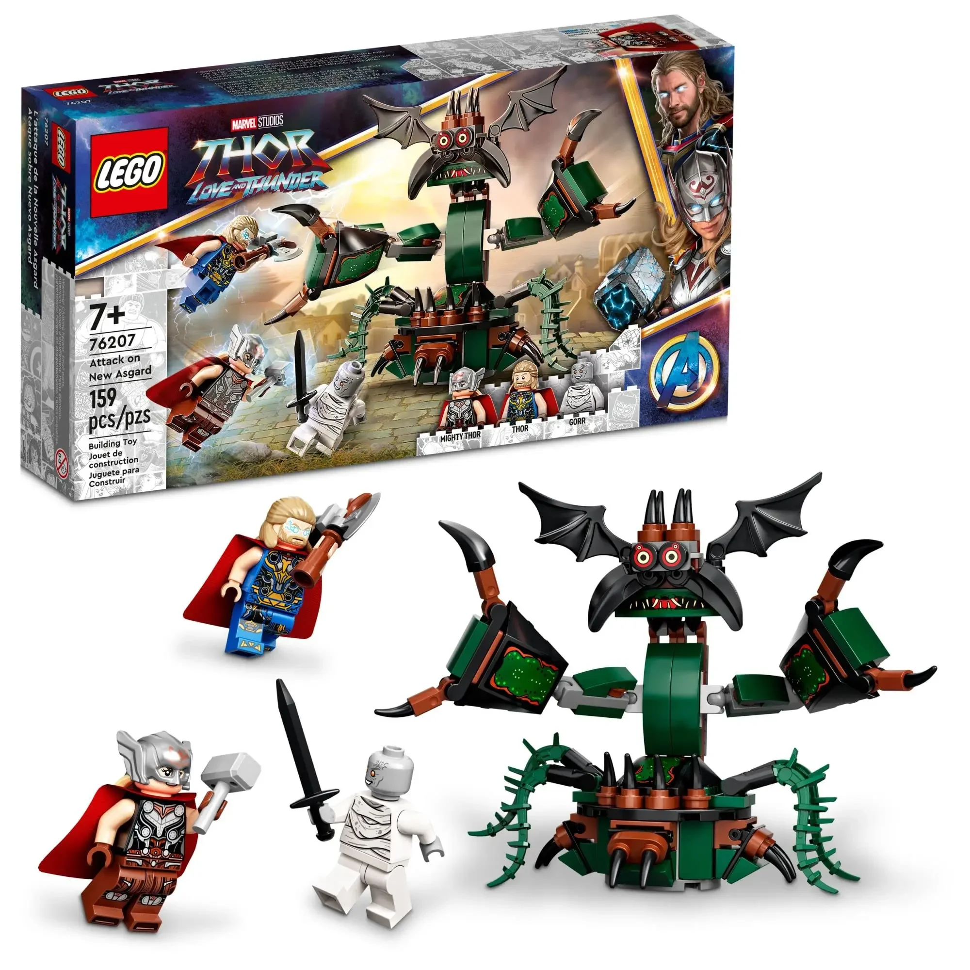 LEGO Marvel Attack on New Asgard Thor Buildable Toy 76207 con martillo Stormbreaker, figura de monstruo Amor y trueno 159 piezas