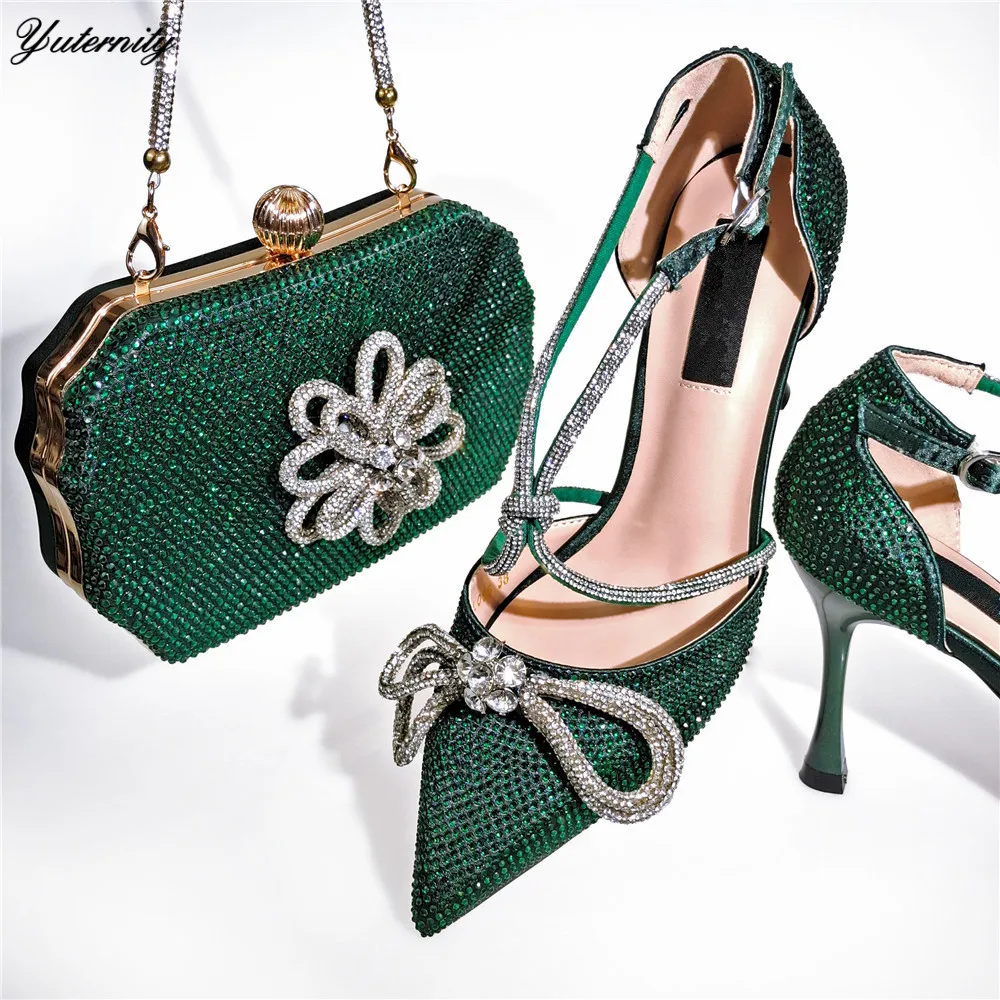 Hot Sale Summer Shoes And Bags To Match Set For Evening Party Italian PU With Crystal Ladies High Heels Shoes And Bag Set