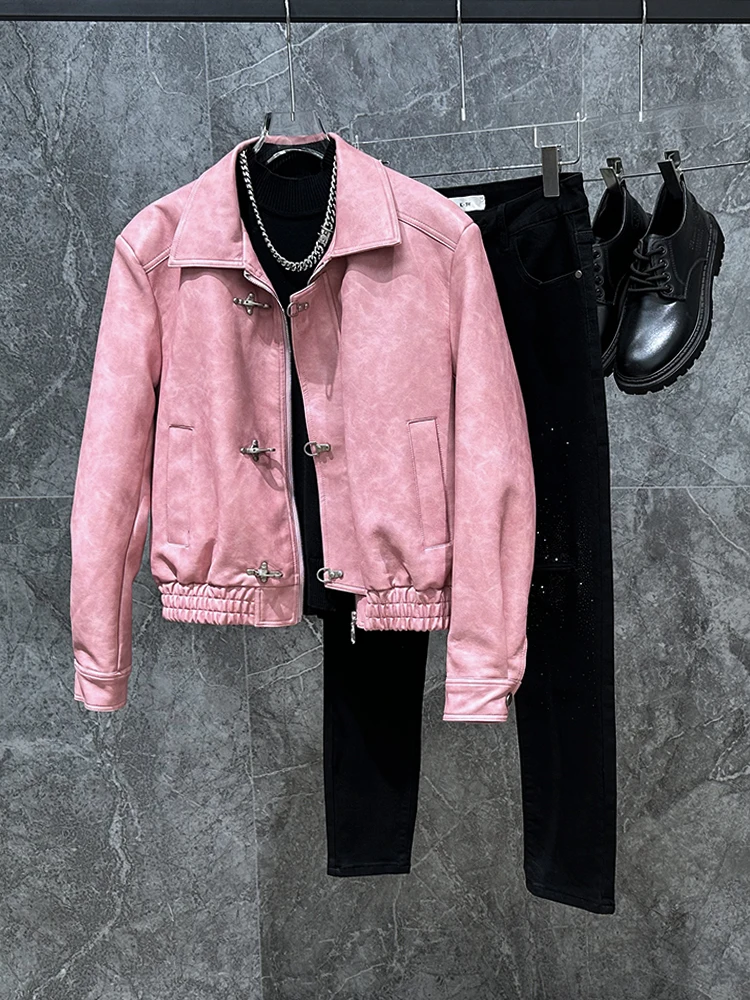 

Cool Men's Retro PU Leather Jaet with oulder Pads Metal Bule ort Motorcycle Sle Faion Brand Haome Coat