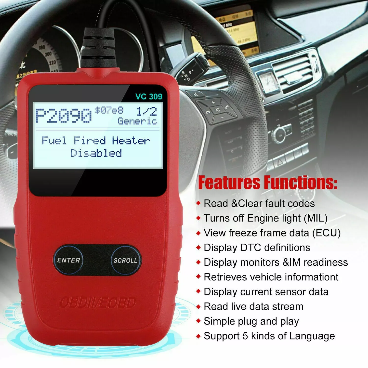 ANCEL VC309 Automotive EOBD OBD2 Scanner Car Diagnostic Reset Tool Engine Fault Code Reader for Mercedes Opel BMW Renault Fiat