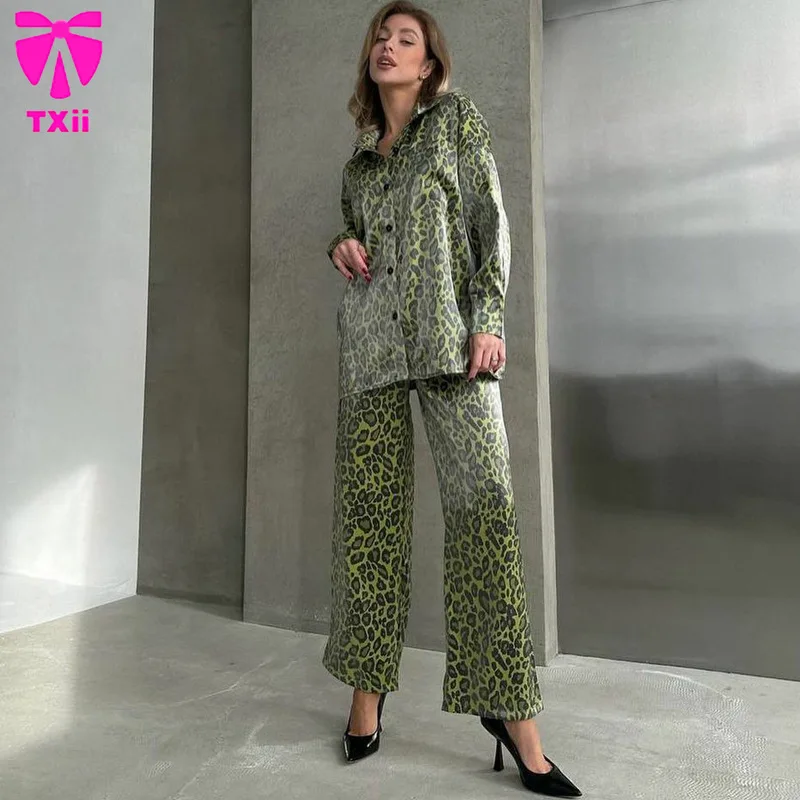 

Fashion leopard print women's 2-piece elegant lapel single breasted shirt and straight leg pants set, casual long sleeved