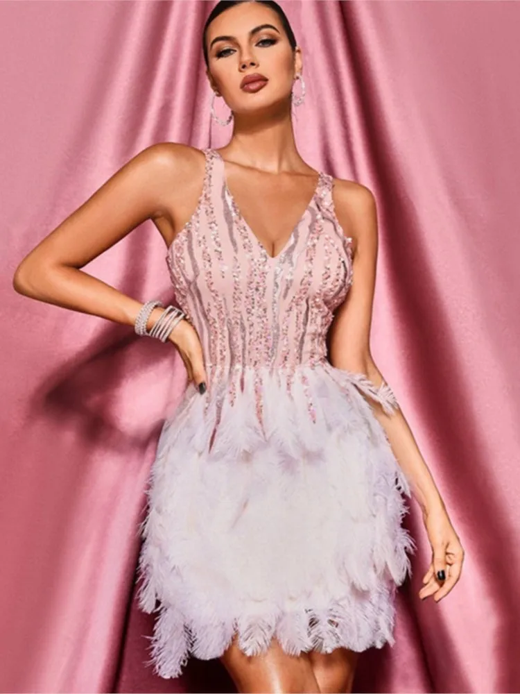

European And American Sequin Embroidered Feather Skirt Hem V-neck Sleeveless Pink Birthday Party Banquet Dress