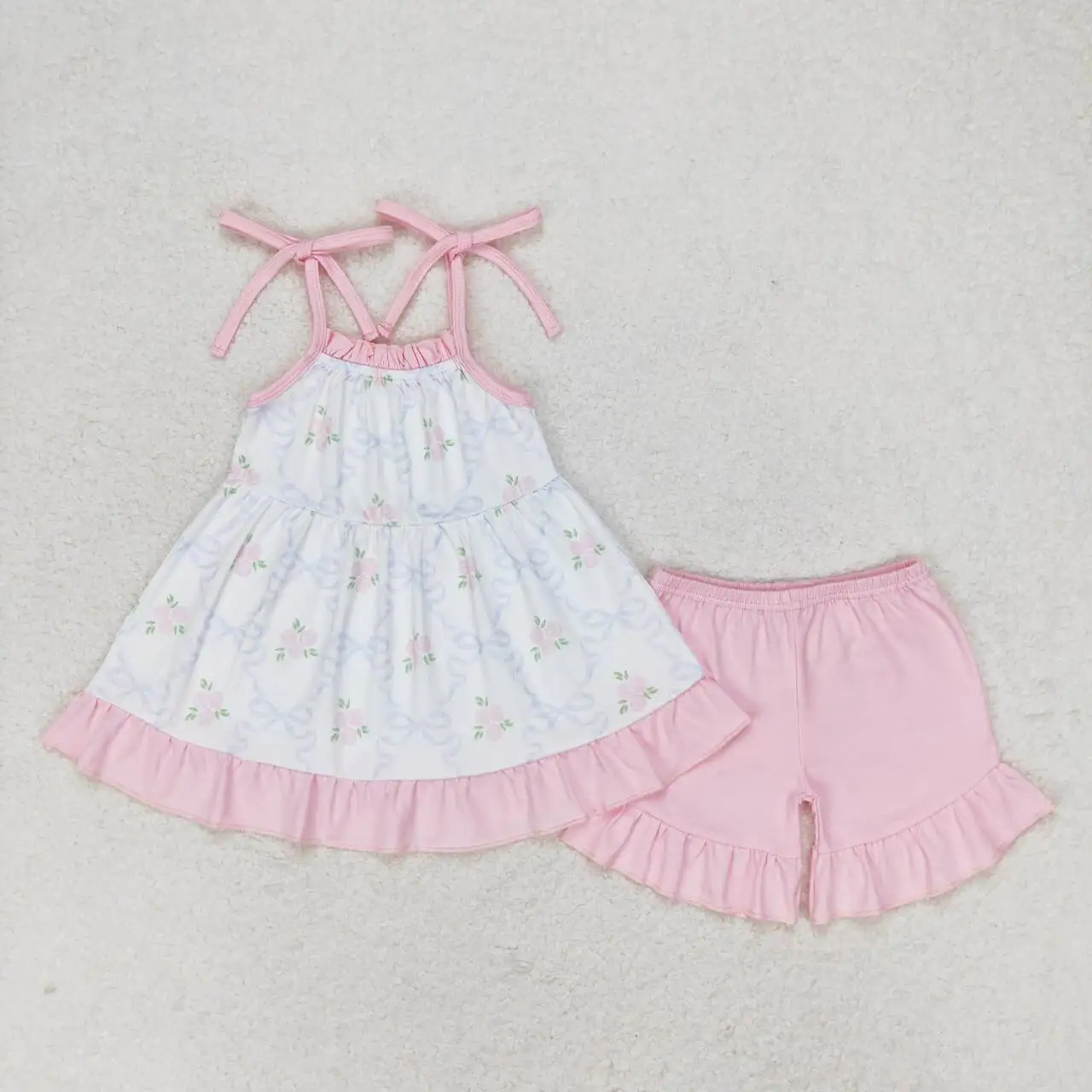 

GSSO0725 Toddler Girls Clothes Sleeveless Flower Print Top With Shorts Set Kids Girls Summer Outfits