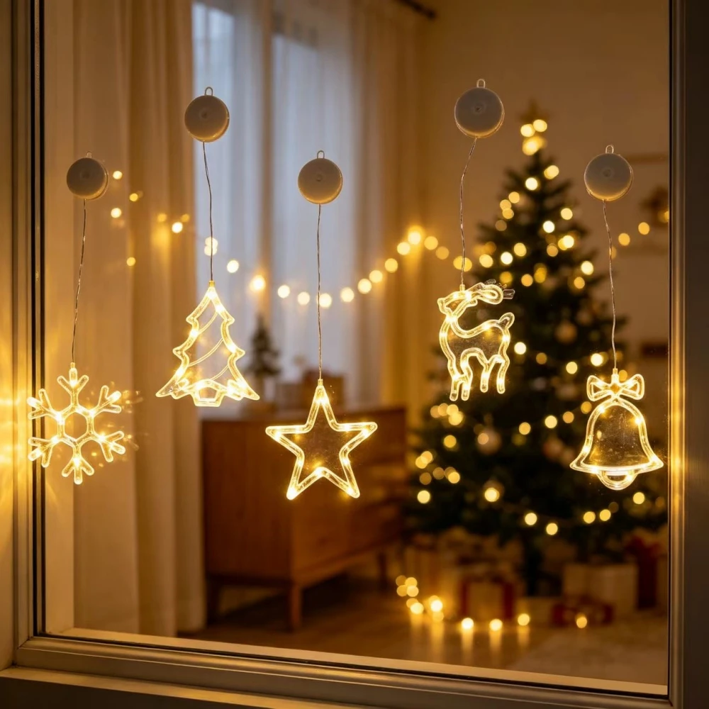 Battery Powered Suction Cup Window Fairy Lights, Transparent Warm Glow Christmas Decoration, Indoor Home Holiday Party Lighting