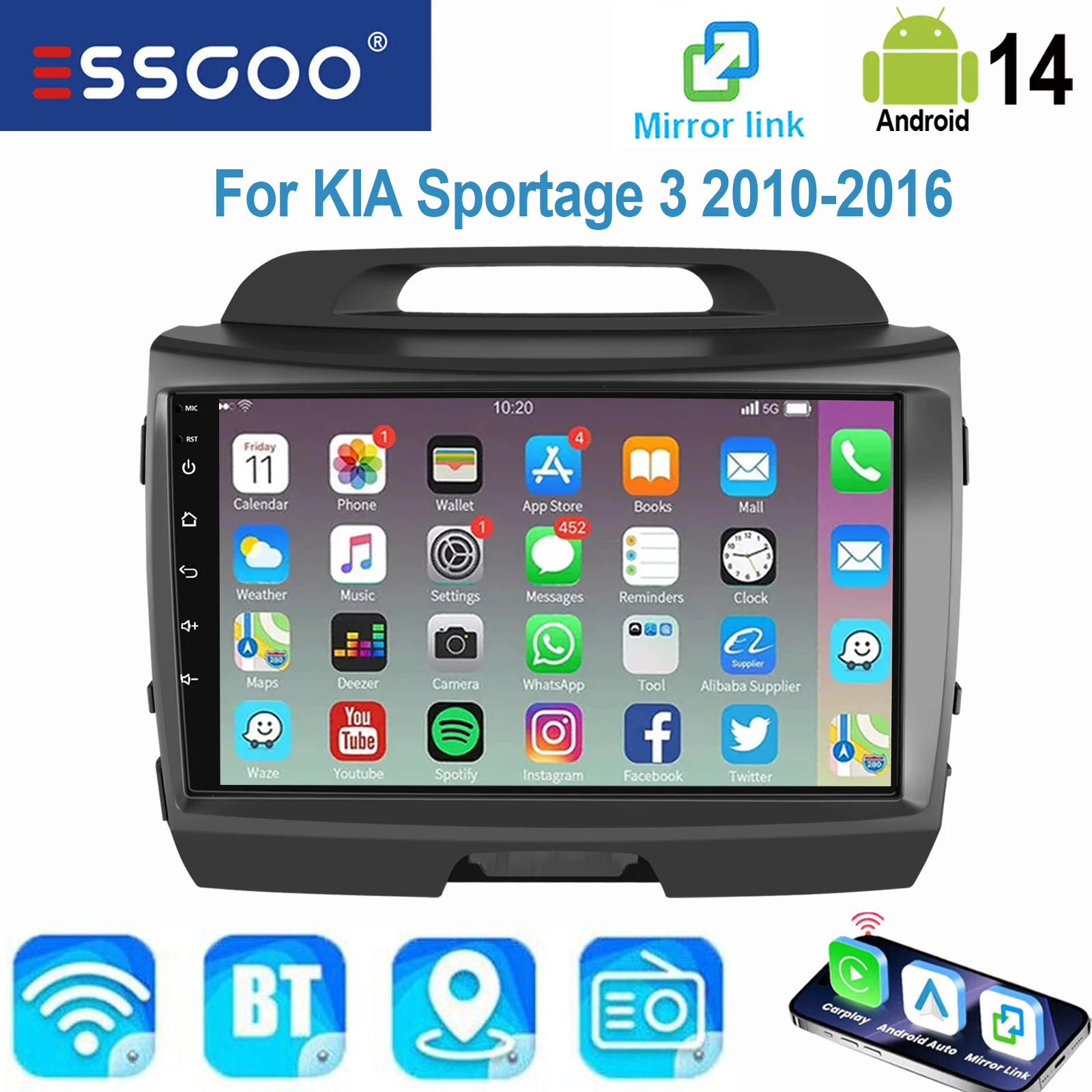 

ESSGOO 9" Android 14 Auto GPS SAT Navi Wifi BT SWC USB Mirror link For KIA Sportage 3 2010-2016 Carplay Multimedia video Player