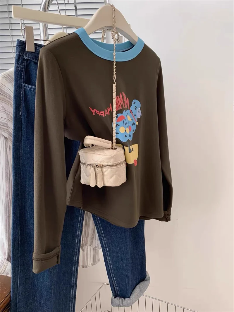 

American Retro Print Long Sleeve Women's T-shirt Spring Autumn Base Layer Top 2024 Design Sensation Base Shirt