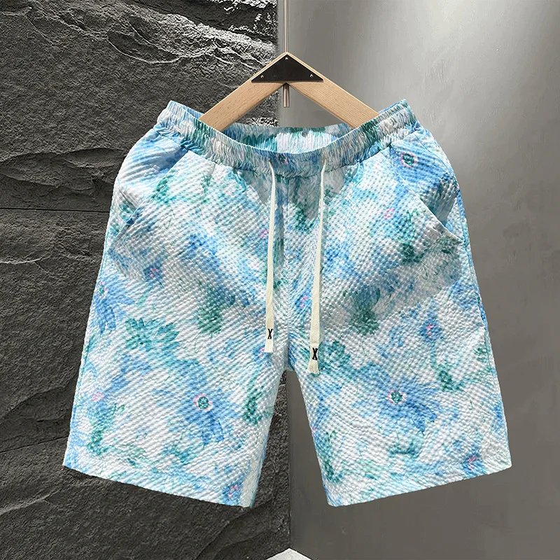 Casual Seersucker Textureกางเกงขาสั้นQuick-Dry Breathableตรงเอวยางยืดพิมพ์Streetวันหยุดกางเกงขาสั้นหลวมFitกางเกงขาสั้น