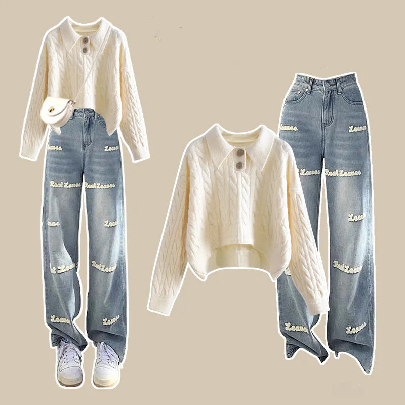 Koreanische Hanf Muster Strick pullover Pullover bestickte Brief Jeans zweiteilige Mode Damen Hosen Set