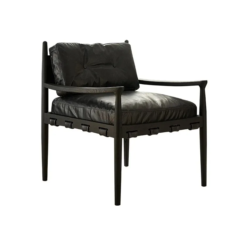 

French retro single solid wood sofa chair black leather leisure chair home reading chair