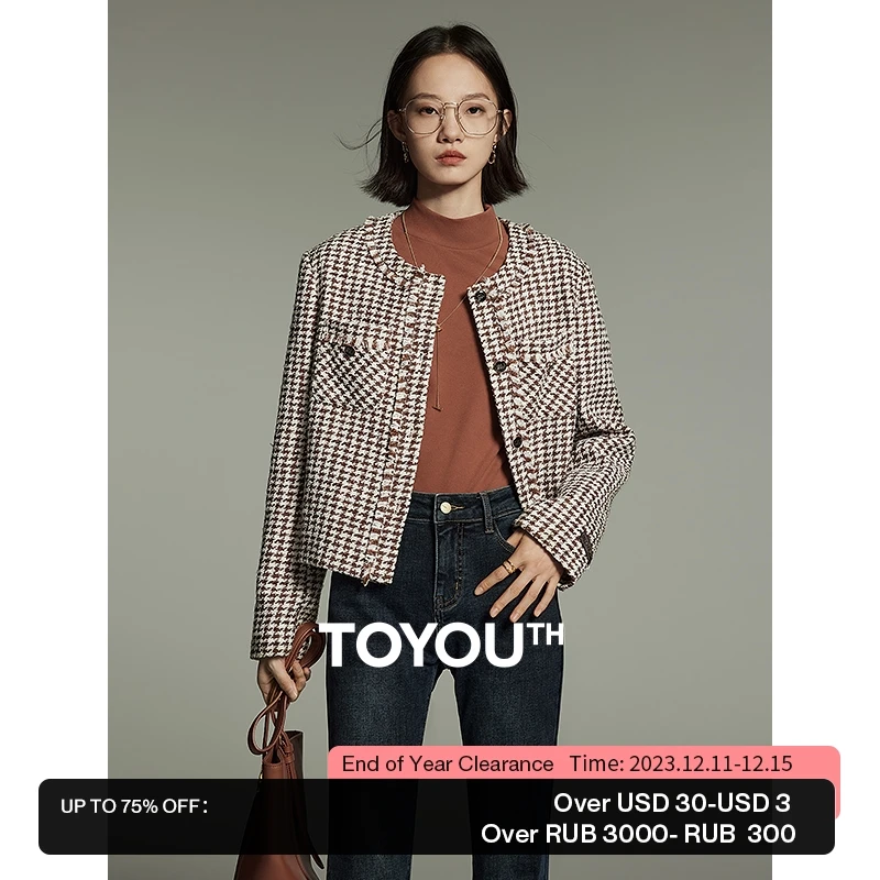 Toyouth Women Thick Houndstooth Coat 2023 Winter Long Sleeve Round Neck Loose Jacket Retro Advanced Versatile Outwear Tops