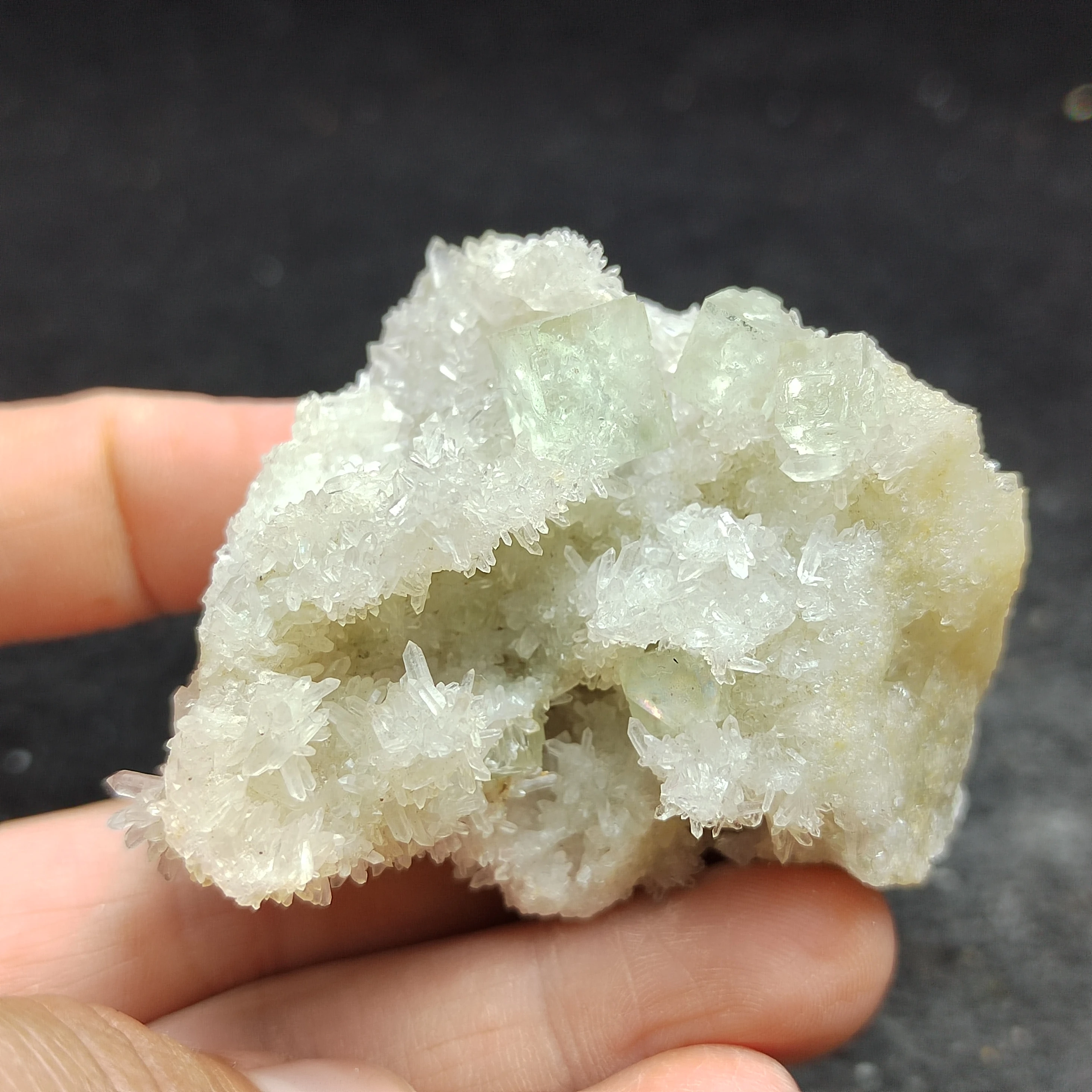 

67gNatural rare step green fluorite and crystal tooth quartz mineral specimen energy meditation teaching home decoration