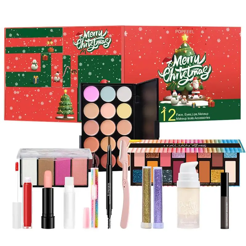 Calendrier de compte à rebours de Noël, kit de maquillage pour le visage, rouge à lèvres, ombre à barrage, correcteurs, cosmétiques, coffret cadeau, 12 pièces