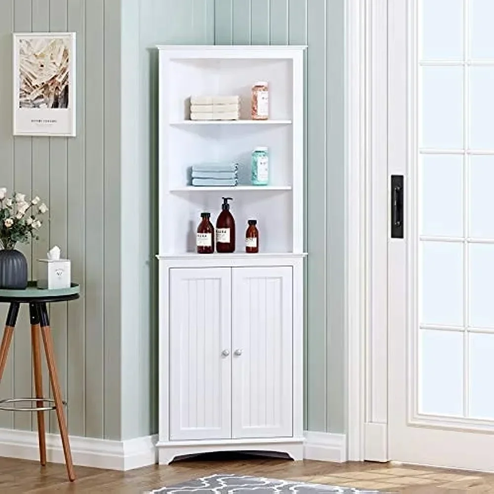 

Spirich Home Tall Corner Cabinet with Two Doors and Three Tier Shelves, Free Standing Corner Storage Cabinet，White