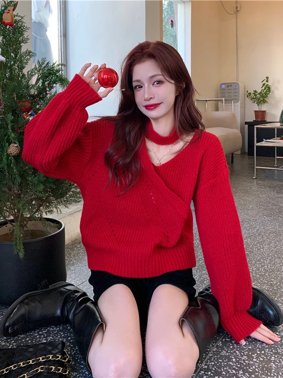 

Retro Red Cross V-ne Knitted Sweater Women's Casual Slim ort Top Trendy Autumn Winter New Sle Commute Loose Fit Ne Ha...