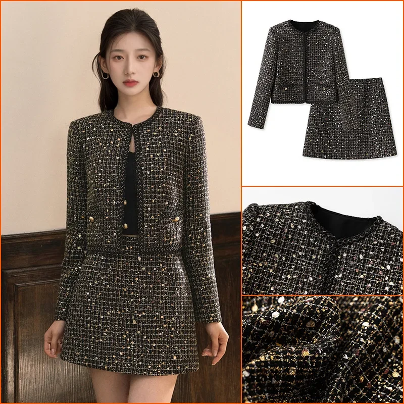 Women's Blingbling Crystal Short Tweed Jacket and Mini Skirt and Dress Set, High-end Clothing, Sequins, Early Autumn, 3 Piece