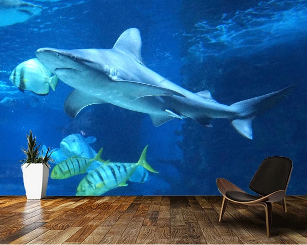 

Customized products 3d blue sea Underwater shark mural sushi restaurant wallpaper Living room sofa TV background wall bedroom 8d