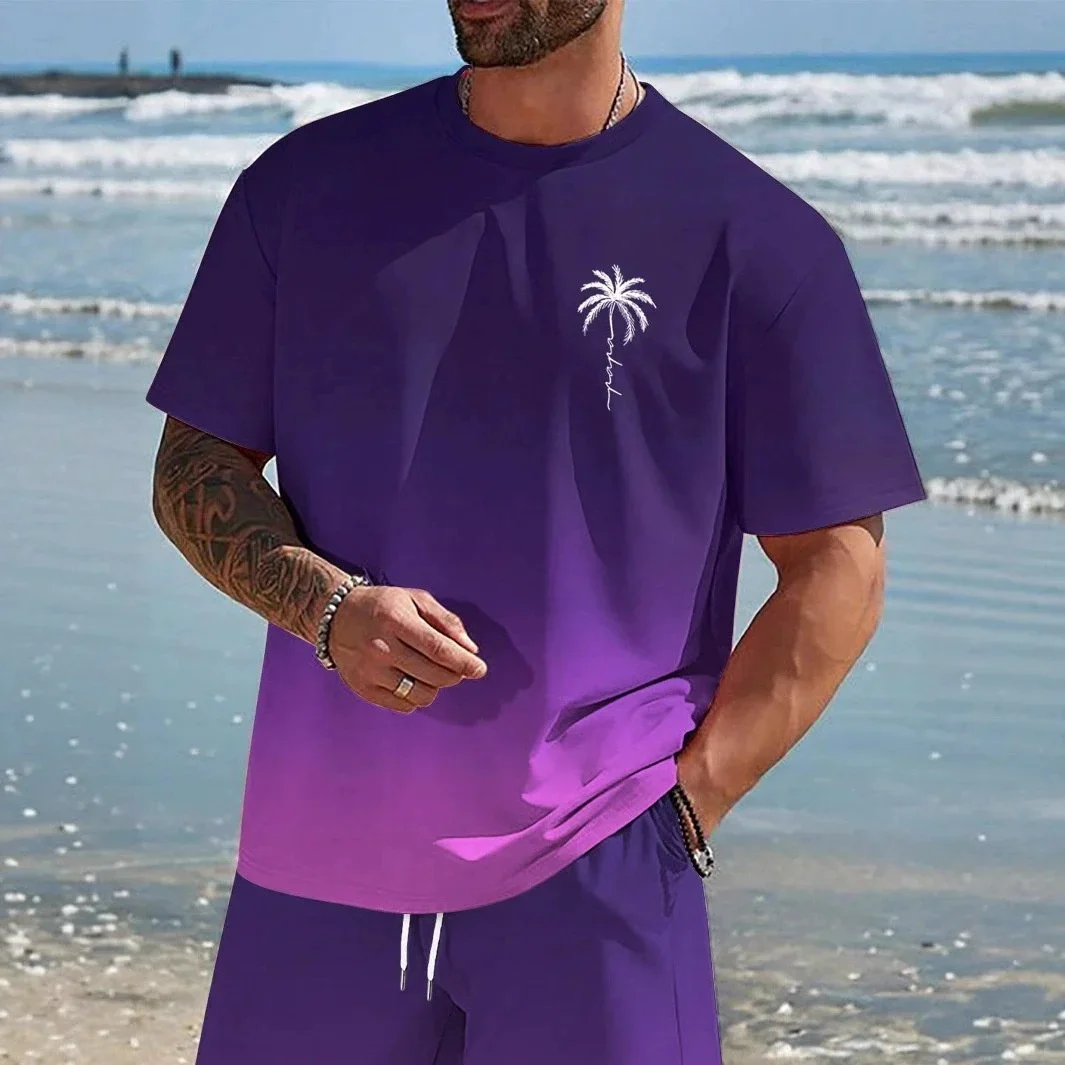 

Модный мужской комплект с принтом кокосовой пальмы и градиентом, летний повседневный костюм с коротким рукавом, 3D-печать, свободный крой, топы оверсайз