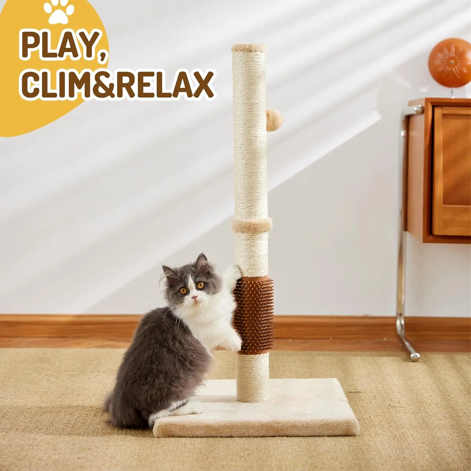 Cat Scratching Post With Self Groomer Cat Brush Sisal Rope Tall Cat Tree Climbing Frame Cat Claw Scratcher Pet Supplies