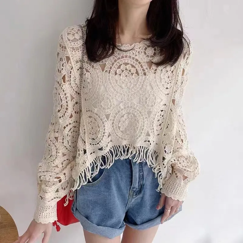 Hollow Crocheted Tassel Top Irregular Design Niche Sweater Long Sleeve Spring and Summer New Blouse Cotton