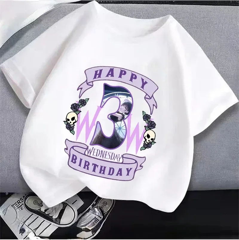 2024 Nuovo Mercoledì Adams Abbigliamento per bambini Anime Summer Girl Compleanno Numero T-shirt Cartoon Abbigliamento Top per bambini Regalo